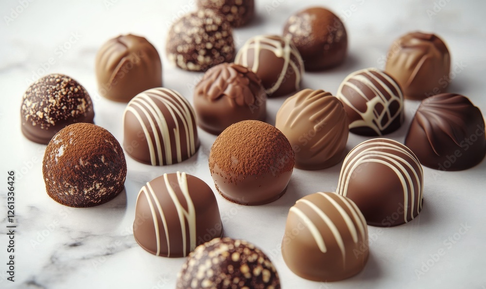 Poster glossy chocolate truffles with a mix of cocoa dusting and smooth textures, arranged elegantly on a m