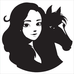 Beautiful black and white portrait, conceptual silhouette avatar: young girl with her pet horse, profile picture or icon