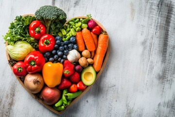 Fresh colorful vegetables and fruits forming a heart shape promoting healthy eating habits