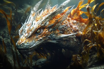 Underwater dragon portrait, kelp forest, fantasy art, game asset
