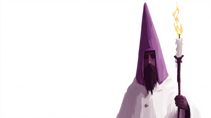 A cartoon-style depiction of a wizard in a white robe with a purple hat and cape holding a burning torch on a white background
