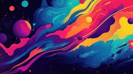 Vibrant psychedelic space art with swirling gradients and abstract planets