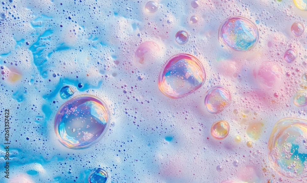Poster delicate bubbles floating on the surface of soapy water, reflecting vibrant hues of light, creating 