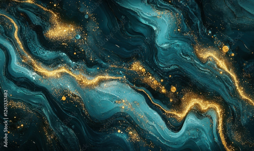 Poster holographic streams of glowing particles swirling in shades of cyan and gold, suspended in a serene 