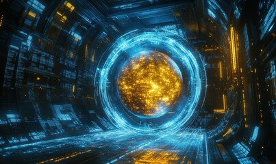 Holographic Earth projection glowing in rich blue and gold tones, surrounded by swirling data streams in a high-tech environment.