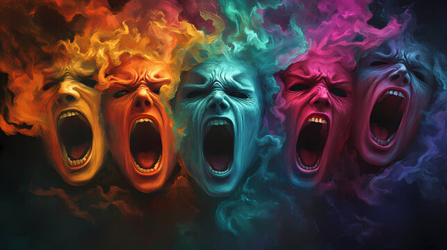 Screaming faces masks featuring chaos and anguish of all colors. Dimension-Warping Masks. Illustration