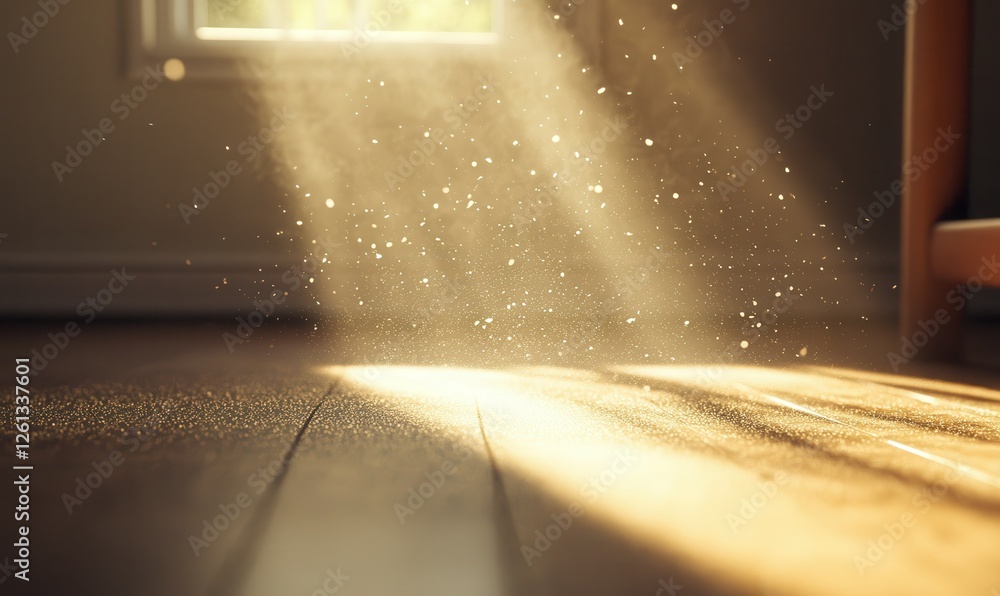 Poster close-up of dust particles floating in a beam of sunlight, creating a serene and nostalgic atmospher