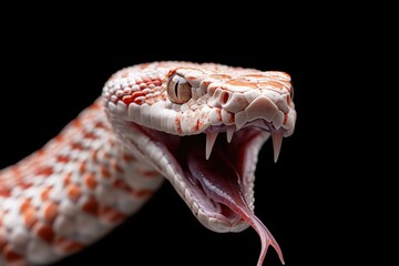 Fototapeta premium Close-up of a Venomous Snake with Fangs, Striking Pose, Red and White Scales, Detailed Texture, Dark Background