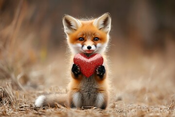 Obraz premium Commercial animal idea. Fox - my preferred animal. Cute fox baby with sparkling rhinestones red heart on in a natural habitat. Valentineâ€™s greeting card with animals. Wild animals showing love.