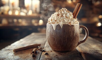 Hot chocolate with whipped cream and cinnamon sticks, served in a rustic mug on a weathered wooden table, exuding warmth and coziness