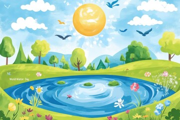 Birds flying over idyllic pond celebrating world water day