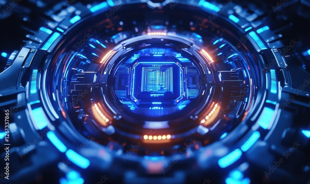 Aufkleber detailed view of futuristic glowing ai chip surrounded by neon blue circuits, sharp focus on advance