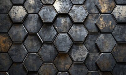 Industrial composition of metallic hexagonal tiles with a weathered texture, arranged in a striking geometric pattern.
