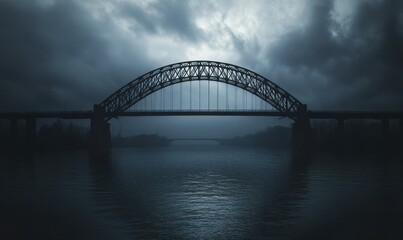 Fototapeta premium Dramatic black steel bridge arching over calm water, moody sky framing the iconic structure, imposing architectural silhouette.