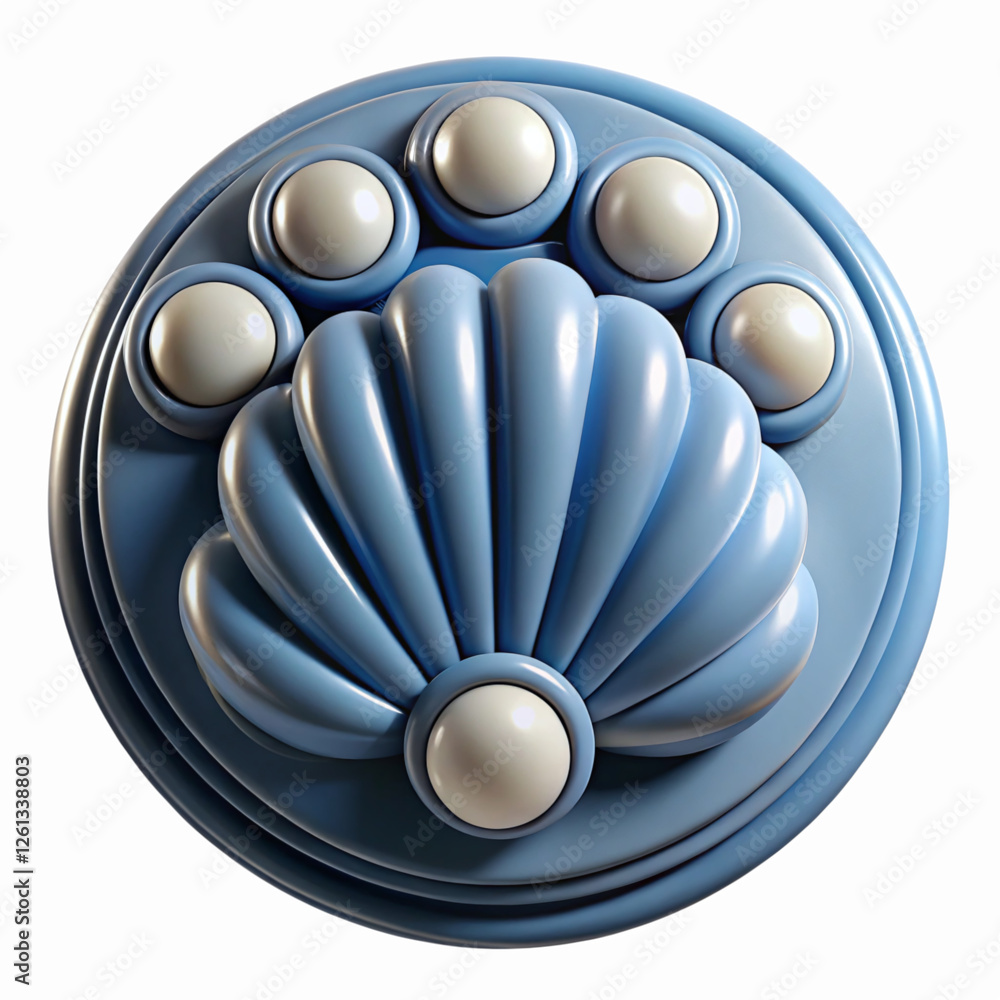 Poster blue decorative shell design with white spheres in symmetry for artistic and architectural use