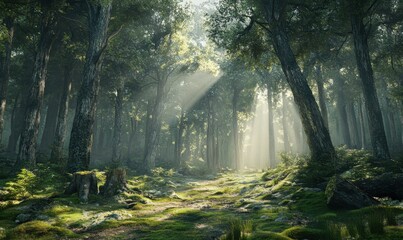 Obraz premium Dreamy forest with tall trees and moss-covered ground, illuminated by soft rays of sunlight breaking through the canopy