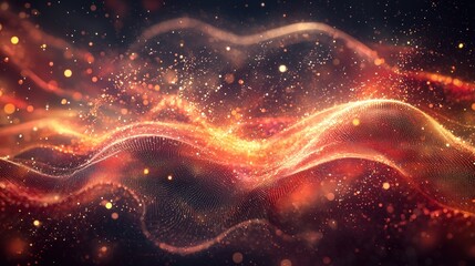 Obraz premium A glowing abstract red background filled with particles and geometric shapes, evoking a sense of dynamic movement.