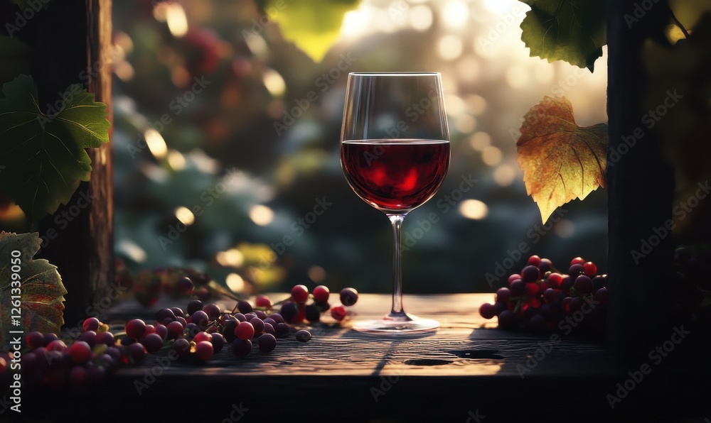 Poster elegant glass of red wine on a wooden table, surrounded by grapevines and soft evening light, creati