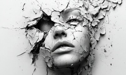 Monochromatic abstract art featuring a shattered mask, symbolizing hidden identities and self-discovery.