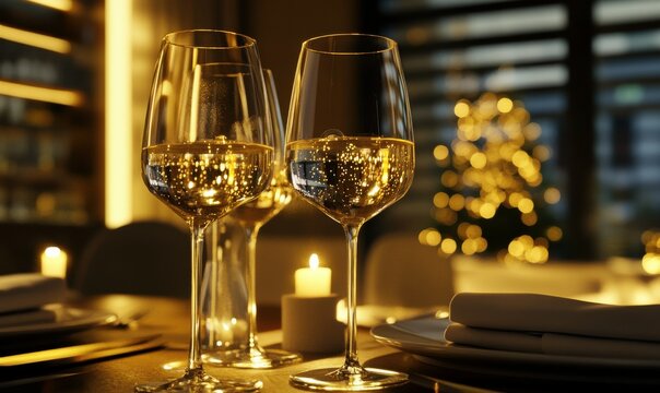 Elegant wine glasses sparkling under golden light, arranged for an upscale dining experience.