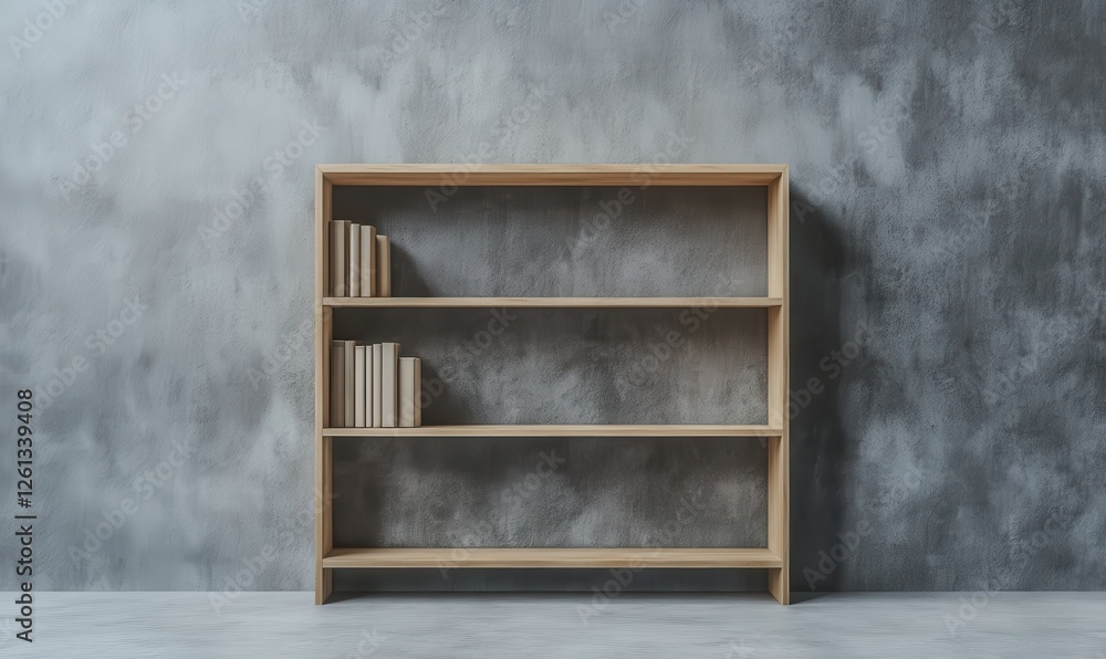 Poster empty wooden bookshelf standing against a minimalist concrete wall, clean lines and neutral tones cr