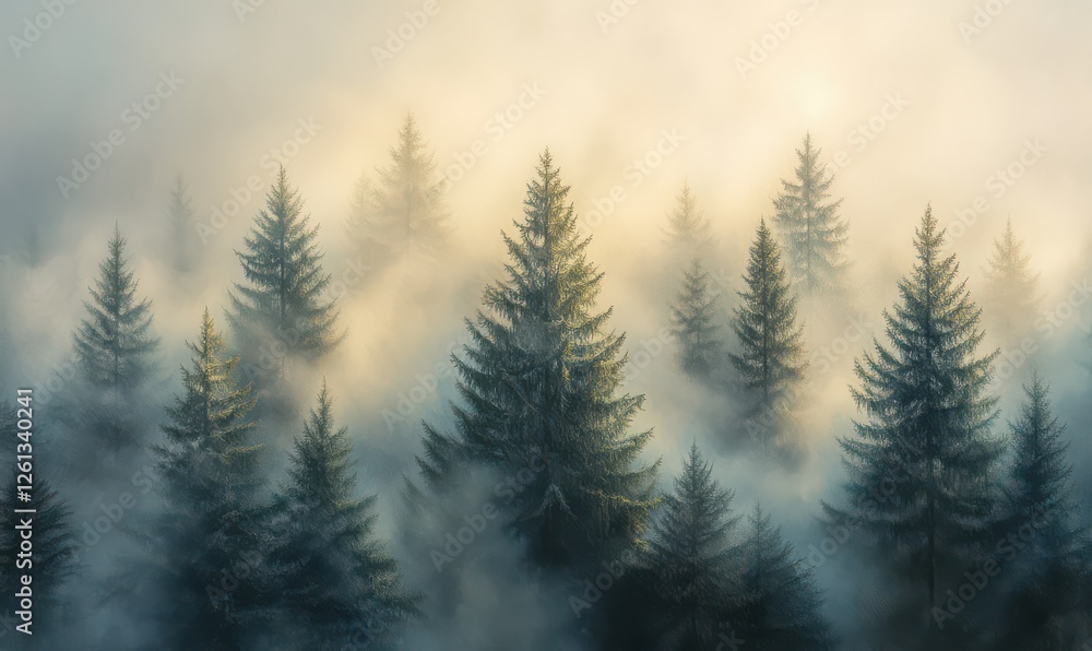 Poster fog-covered pine forest with sunbeams piercing through the mist, creating a mystical atmosphere and 