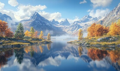 Obraz premium Serene mountain lake with reflections of autumn trees and a misty horizon, styled for a tranquil and picturesque scene