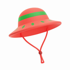 Vibrant Red Sun Hat with Green Accents and Chin Strap for Outdoor Summer Use Transparent Background