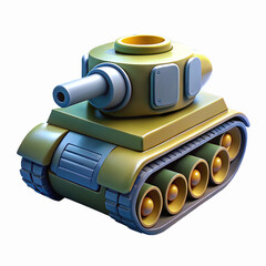 Yellow And Green Cartoon Style Toy Tank With Rotating Gun And Detailed Tracks On Transparent Background