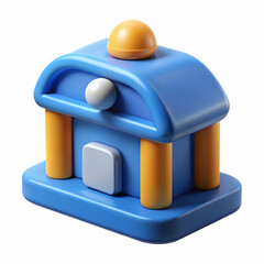 3D Blue and Yellow Cartoon Style Bank Building Icon with Rounded Design and Playful Details