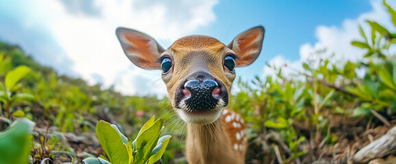 Close-up of a baby deer in the wild, looking curiously at the camera with a clear sky above, capturing the innocence and beauty of a young animal in its natural habitat.