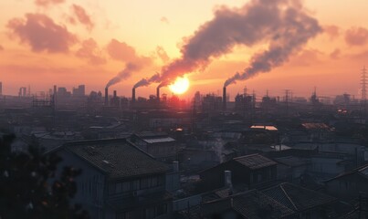 Fototapeta premium Smoky emissions rising into the sky from factories, set against a pale sunset, symbolizing environmental challenges in urban settings.