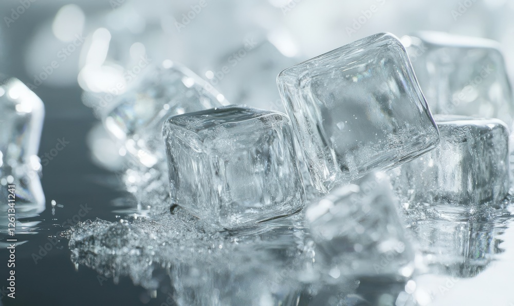 Poster transparent ice cubes glistening on a reflective surface, their sharp edges and frosty appearance cr