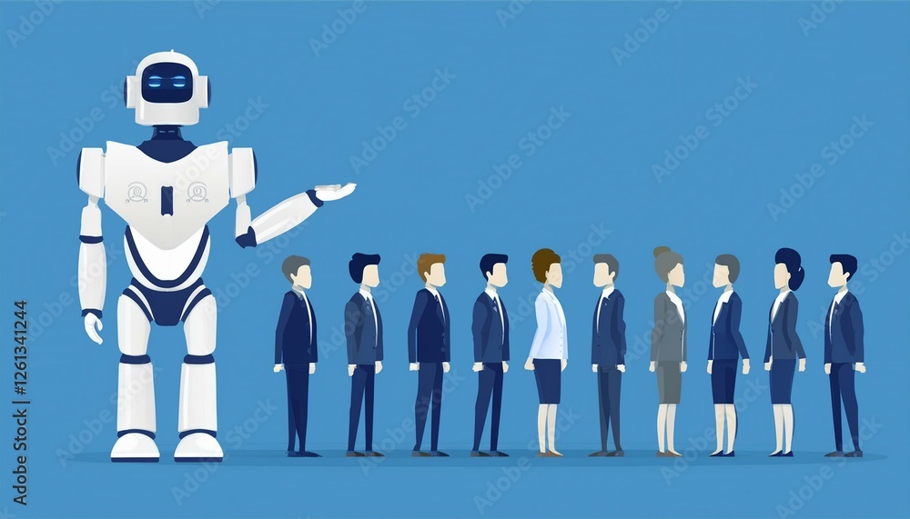 Poster a humanoid robot standing in front of a line of business professionals. the robot appears to be lead