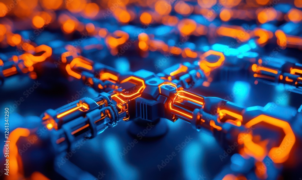 Poster high-resolution close-up of interconnected microchip processors glowing in orange and blue, futurist