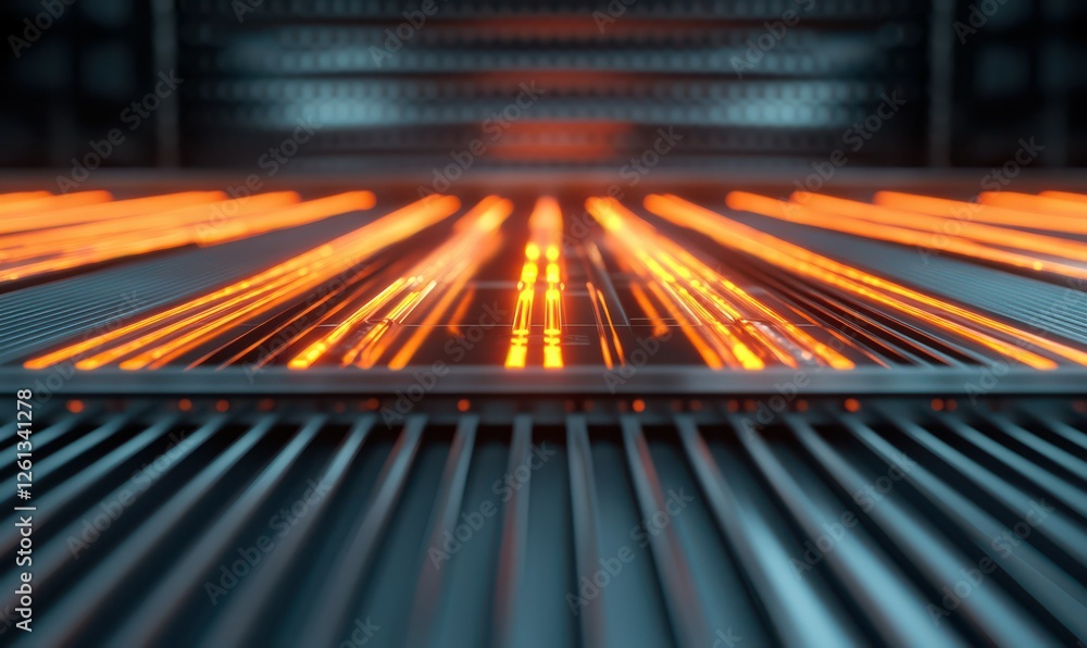 Poster high-tech led circuit with bright neon orange lines forming intricate patterns, sharp metallic surfa