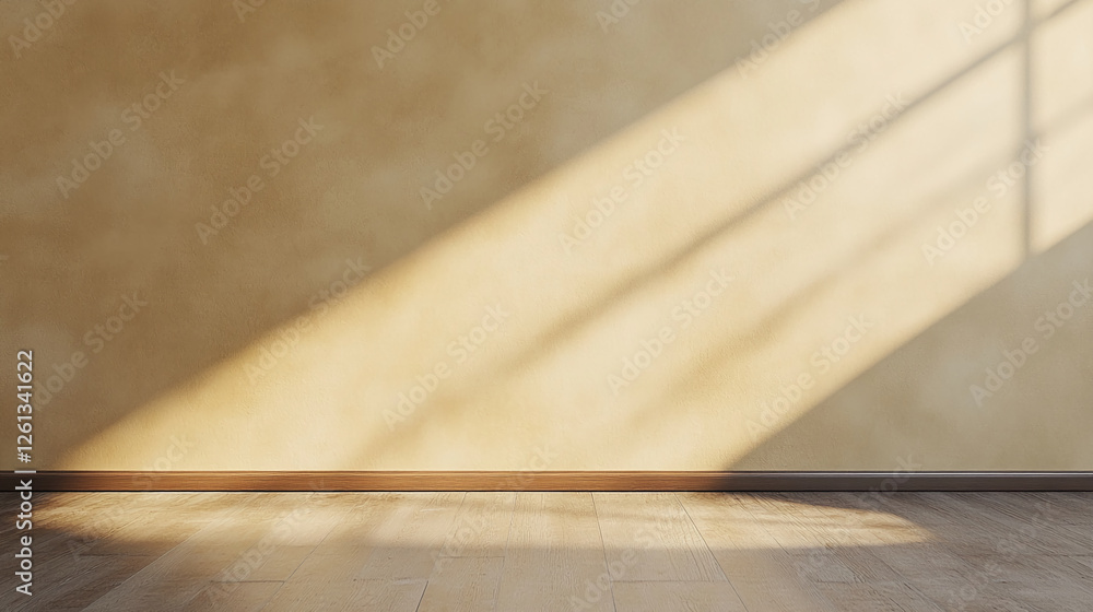 Aufkleber Empty room with a soft sunlight casting shadows on the floor, creating a calm and serene atmosphere, ideal for interior design and relaxation.
