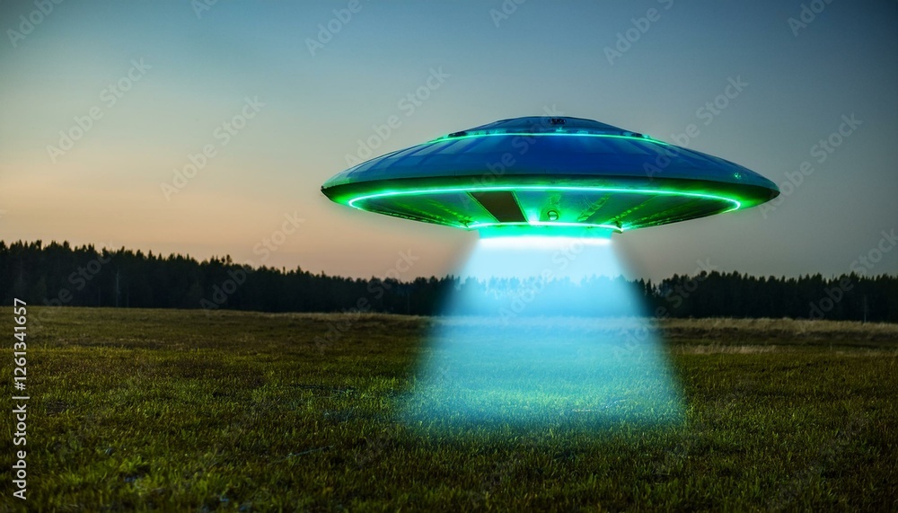 Poster unidentified flying object hovering over a field at dusk. a beam of light shines down from the craft