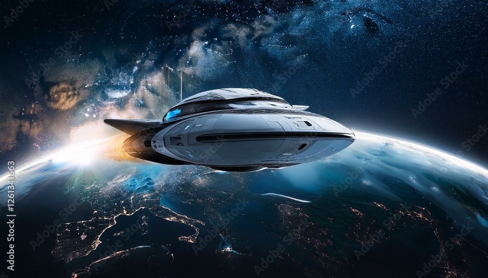 Poster spaceship launching from earth into the vast expanse of space. the spaceship is sleek and modern, co