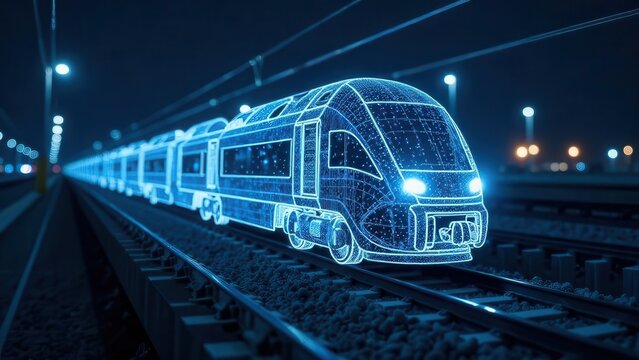 A wireframe hologram of an electric train on the track, depicted with glowing blue lines and white dots representing its digital structure.. AI