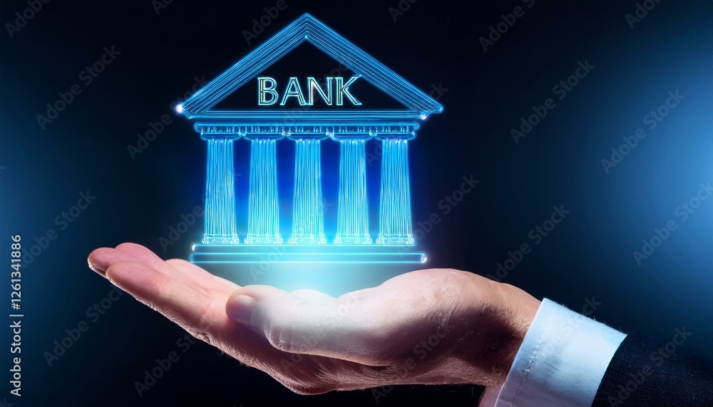 Poster a hand holding a digital rendering of a bank building. the building is glowing blue with the word 