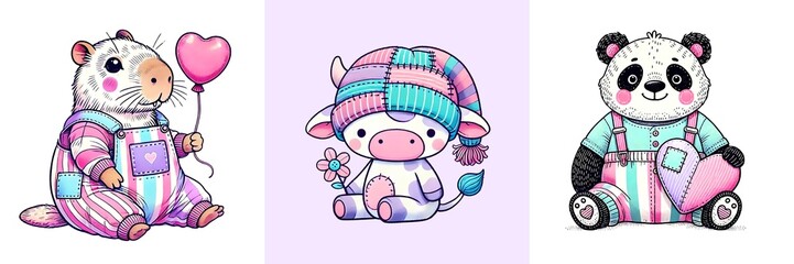 Fototapeta premium Adorable Kawaii Plush Capybara, Cow, and Panda in Pastel Patchwork Outfits