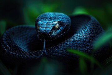 Majestic Black Snake in the Dark Forest: A Captivating Close-Up of a Reptile in its Natural Habitat
