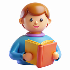3D Illustration of Smiling Child Reading an Orange Book in Blue Sweater with Transparent Background