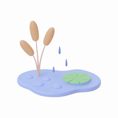 Minimalist Cartoon Style Pond Illustration with Cattails Lilypad and Water Droplets on Transparent Background