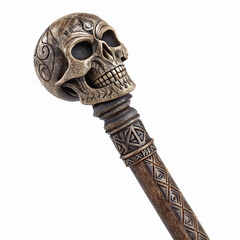 Intricately Carved Wooden Skull Staff With Tribal Patterns and Textured Details for Decoration