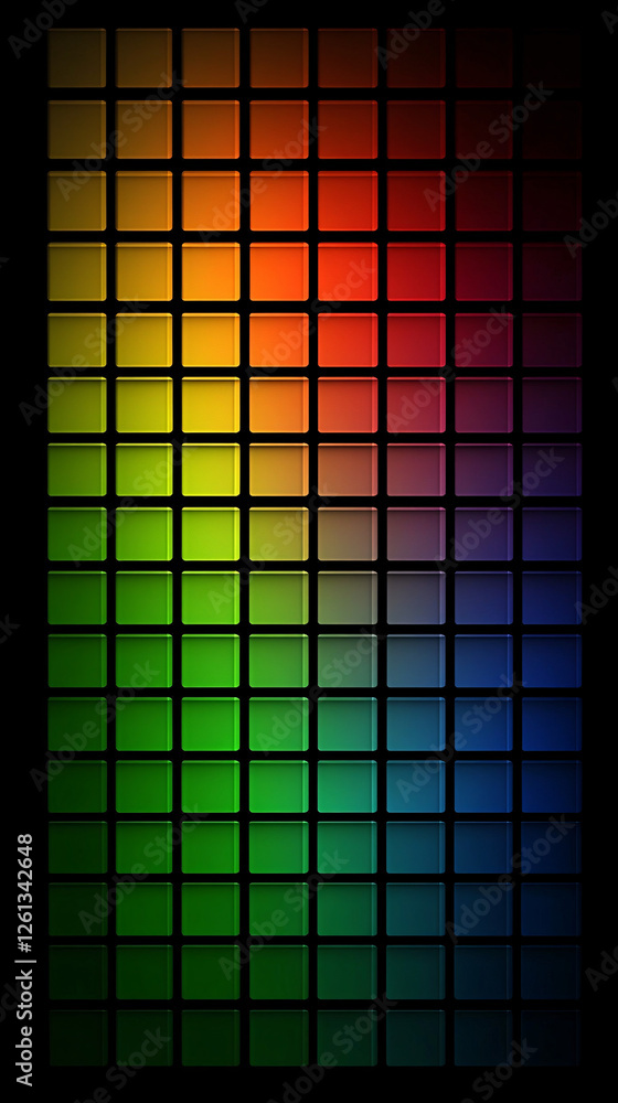 Poster a structured grid of square tiles transitions smoothly from red to blue forming a vibrant digital ra
