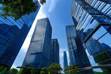 Reflective skyscrapers, business office buildings, abstract perspective