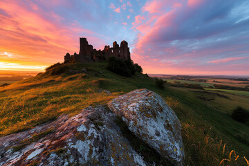 Fototapeta premium Majestic Castle Ruins at Sunrise: A Breathtaking Landscape Panorama
