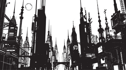 Fototapeta premium Futuristic City landscape. Different buildings on street, outline cityscape hand sketch, flat houses. Hand drawn vector illustration